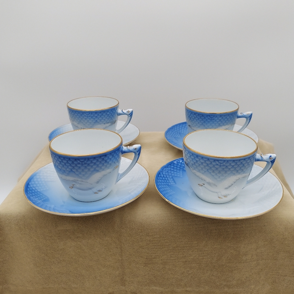 Set Of 4 Saucers And Tea Cups Seagulls B & G Copenhagen